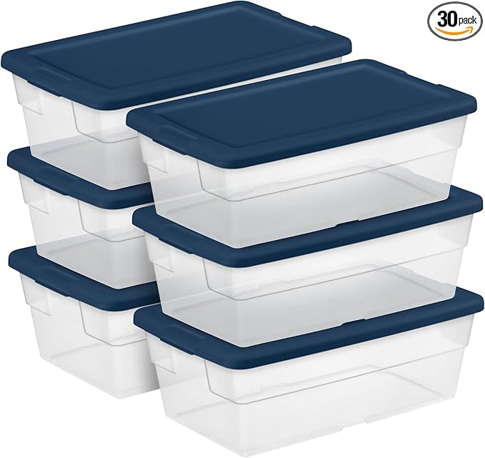 Sterilite Stackable 6 Quart Clear Home Storage Box with Handles and Blue Lid for Efficient, Space Saving Household Storage and Organization (30 Pack) by Sterilite