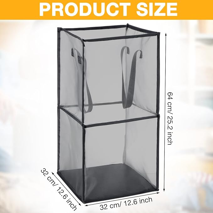 Zopeal 3 Pack Collapsible Mesh Laundry Basket, Black, Double-layer | 13 Inch Square with Handles, Portable Foldable Hamper, Mesh See-through, Space Saving for Dorm Bedroom Laundry Room - Image 2