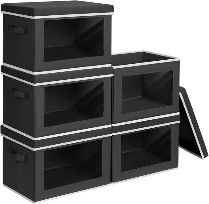 Stackable Storage Bins with Lids - Medium Storage Box with Lids, Foldable Closet Boxes for Organizing, Wardrobe Clothes Organizer with Window, Cubes Bins for Living Room, 5 Pack, Black by Homsorout