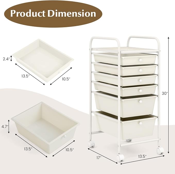GOFLAME 6-Drawer Rolling Storage Cart, Multifunctional Art Supply Organizer Cart, Mobile Utility Storage Cart with Removable Drawers & Lockable Wheels, Craft Cart for Home Office, White - Image 3