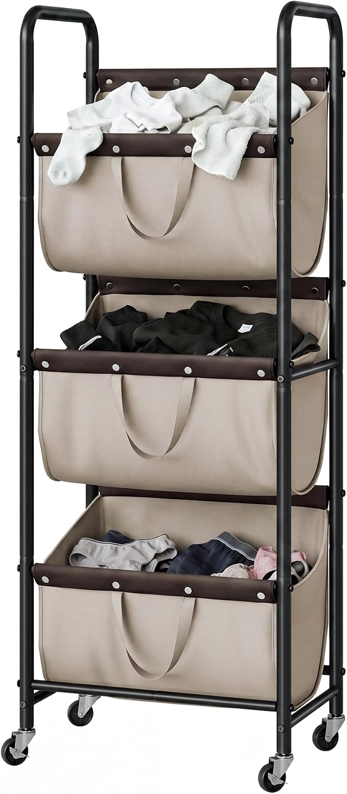 GRANNY SAYS 3 Tiered Laundry Sorter, Narrow Hamper Cart with Wheels | Sturdy 3 Section Laundry Basket with Wheels, Vertical Light Kahki Hamper Cart for Bedroom, Bathroom, Apartment by GRANNYSAYS