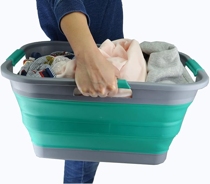 SAMMART Set of 2-30L (8 Gallon) Collapsible Plastic Laundry Basket-Foldable Pop Up Storage Container/Organizer-Space Saving Hamper, Water Capacity: 24L (6.3 Gallon) (2, Dark Grey/Bluish-Green) - Image 7
