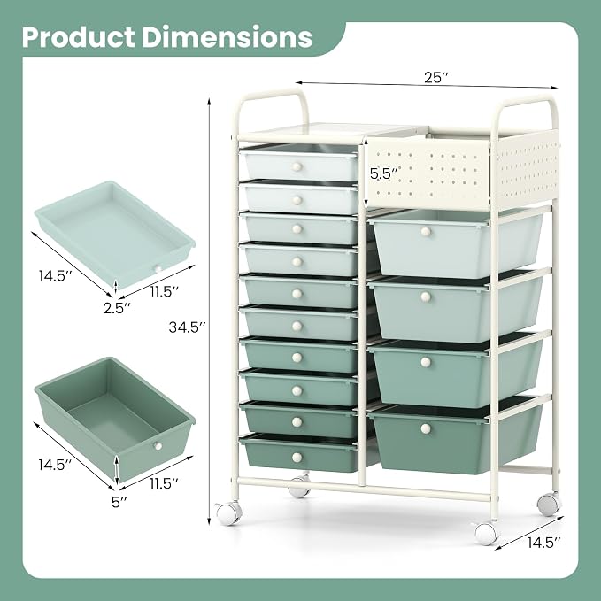 GOFLAME 14-Drawer Rolling Storage Cart with Pegboard, Craft Storage Cart with Lockable Wheels and Metal Frame, Art Cart Supply Storage Organizer for Home Office Classroom, Green Gradient - Image 3