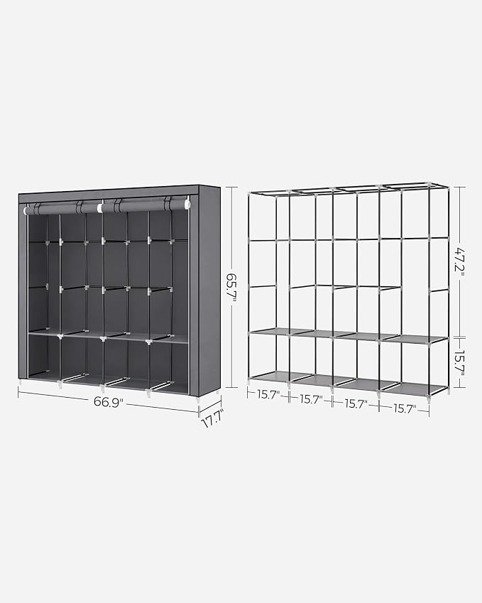 SONGMICS Portable Closet with Cover, 4 Hanging Rods and Shelves | Wardrobe Closet Organizer, 4 Side Pockets, 17.7 x 66.9 x 65.7 Inches, Dove Gray, Rylan Collection URYG094G02 - Image 5