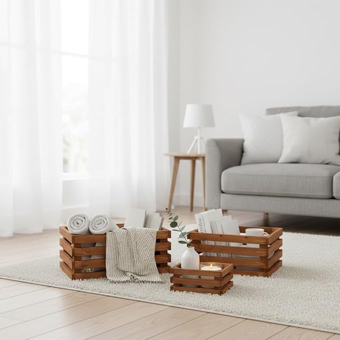 Set of 3 Nesting Wooden Storage Crates - Rustic Wooden Storage Crates for Display Brown Wood Container Boxes Wood Baskets for Farmhouse Flower Stand Display Rack for Shops or Exhibitions Home Decor - Image 4