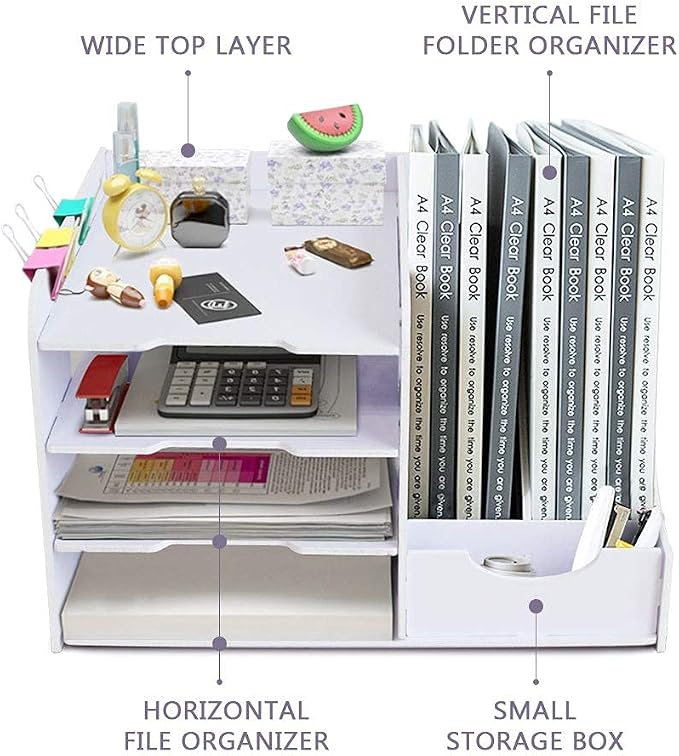 SONGWAY File Organizer for Desk - 4 Tier Vertical and Horizontal Document Holder, File Sorter, A4 Paper Storage Holder, Desktop Organizer for Home Office School Decoration, White - Image 2