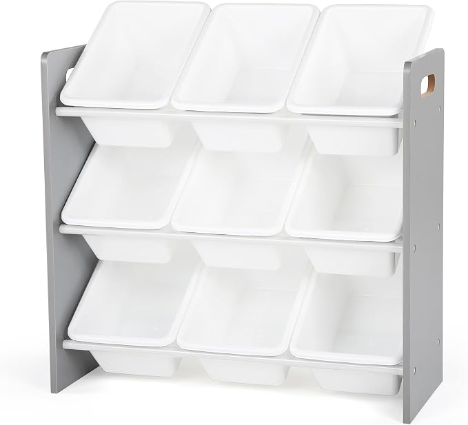 Humble Crew Kids Toy Organizer with 9 Bins, 3 Tier Storage for Playroom | Sturdy wood and steel toddler shelf, removable BPA-free containers, wall anchor anti-tip safety kit for bedroom or classroom by HumbleCrew