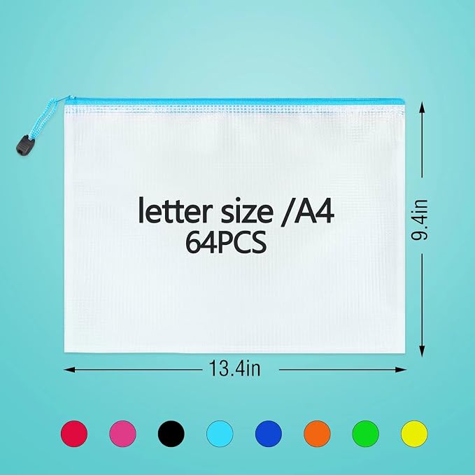 64pcs A4 Mesh Zipper Pouch Bags, Mesh Bags with Zipper Bulk, Pouches for Organization, Clear Storage Bags for Classroom, Travel, Office, Board Game | Reusable Storage Bags for Classroom, Travel, Office, Board Game - Image 2