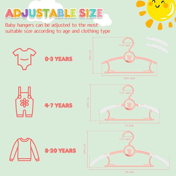 Baby Hangers, 11-14 Inch Extendable Kid Hangers, Non-Slip, Stackable, Space Saving, Pink, 100 Pack - Image 2