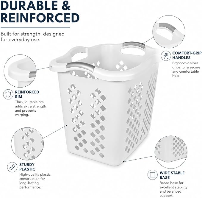 Laundry Basket 2 Pack 2 Bushel Plastic with Handles White | Wide Base and Tall Sides – Stays upright when full. Fits closets and on top of machines. Also organizes toys and sports gear. - Image 4