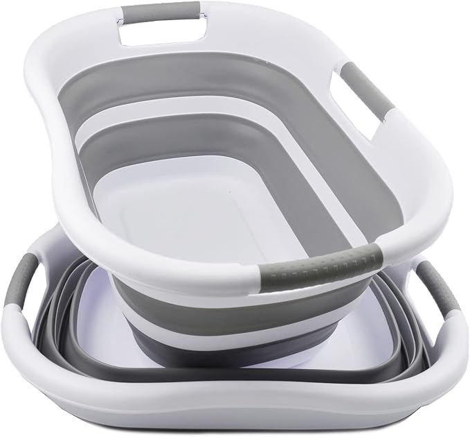 SAMMART 30L (7.9 gallon) Collapsible Plastic Laundry Basket - Foldable Pop Up Storage Container/Organizer - Portable Washing Tub - Space Saving Hamper/Basket (White/Grey (Set of 2)) - Image 2