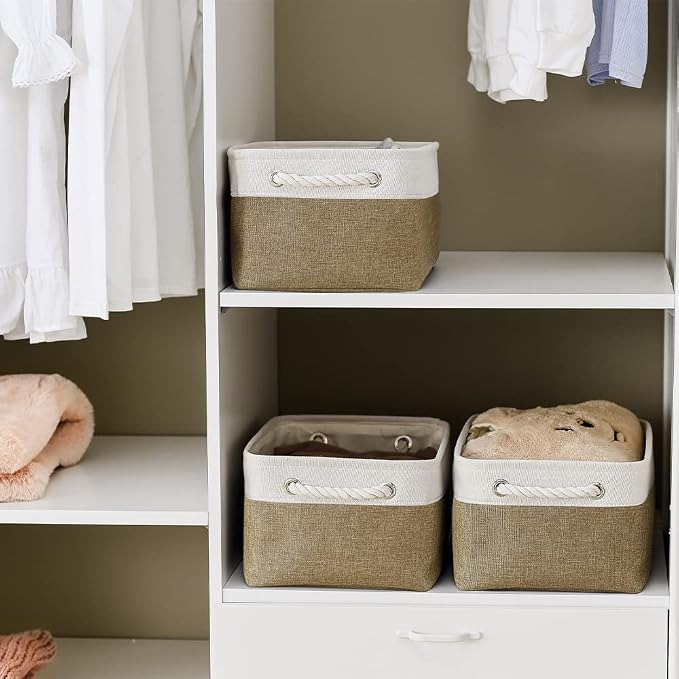 Storage Basket for Shelves - 1 Pack 14x10x6.7 inch Collapsible Storage Bins Storage Boxes for Organizing for Laundry Closet Gift Cloth Nursery (Whiet & Khaki) - Image 2