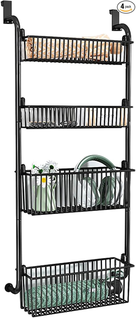 Over the Door Organizer, Metal Behind Door Hanging Storage, Toys Umbrellas Bags Organizer Rack, Large Capacity Organizer for Bedroom Bathroom Kitchen Pantry Closet Cabinet (Black,Four-Tier) by Unknown