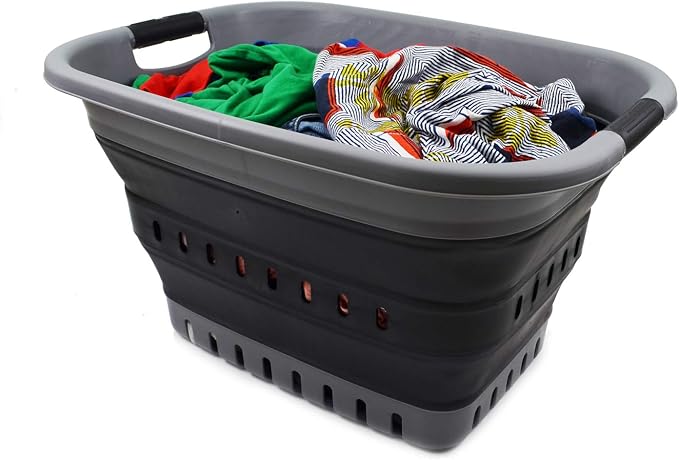 SAMMART 37L (9.77 gallon) Collapsible Plastic Laundry Basket - Foldable Pop Up Storage Container/Organizer - Portable Washing Tub - Space Saving Hamper/Basket (2, Grey/Black) - Image 6