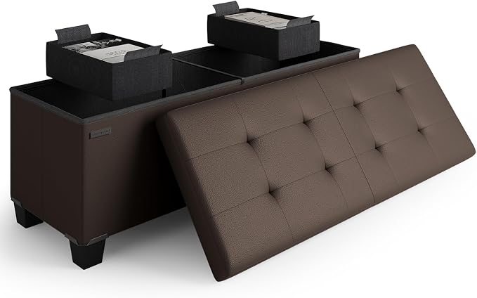 Storage Ottoman Bench with Bins, 43-in Storage Bench for Bedroom End of Bed, Folding Foot Rest Ottoman for Living Room Max 660lbs, Faux Leather Ottomans, Brown by STORAGEBUD