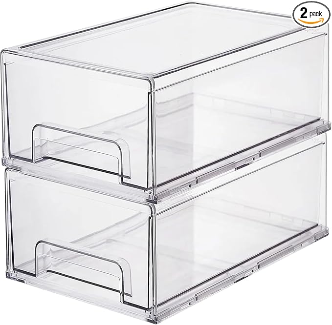 Clear Plastic Stackable Storage Drawers Bins, Perfect for Kitchen Pantry Organization and Storage, Under Sink Organizer, Pull Out Cabinet Organizer, Makeup, Bathroom Storage Containers for Organizing by ShelfShaper