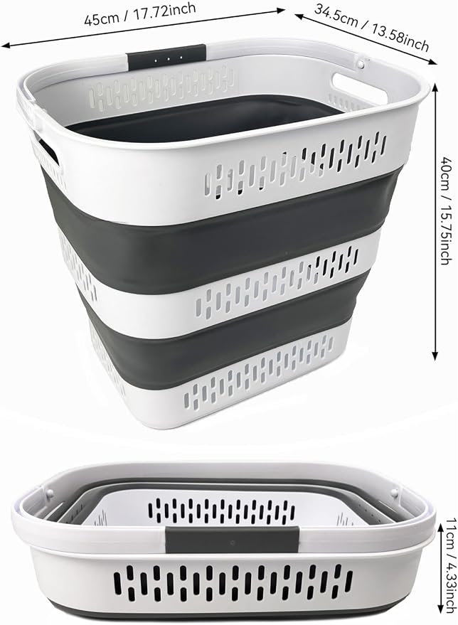 SAMMART 40L (10.5 Gallon) Collapsible Plastic Laundry Basket with Handles - Foldable Pop Up Storage Container/Organizer - Portable Laundry Hamper - Space Saving (2, White/Steel Grey) - Image 6