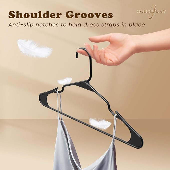 HOUSE DAY Black Plastic Hangers 100 Pack, Slim Space Saving Clothes Hangers | Durable Hangers for Shirts, Coats, Pants and Dresses, Non-Slip Notches Hold Straps, Bulk Pack for Whole-Home Closet Storage - Image 5