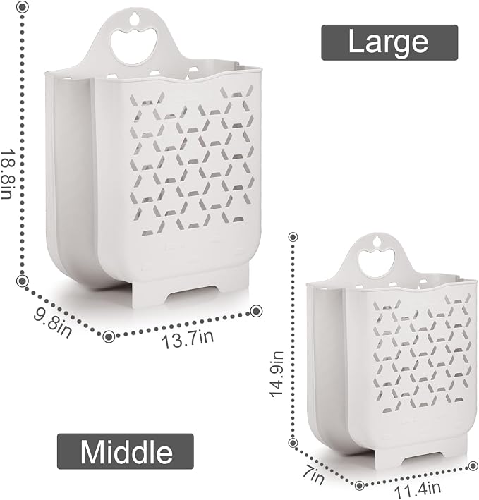 Collapsible Laundry Basket 2Pack,Space-Saving Hanging Clothes Hamper,White | Small plastic hamper, hung on wall/door. Ventilated, slim & portable. Narrow for bathroom, kitchen, travel, dorm, nursery. - Image 7