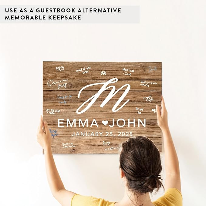 Andaz Press Custom Large Canvas Wedding Guest Book Alternative, 16 x 20 Inches, Rustic Wood Script Monogram Horizontal Personalized Sign Our Canvas Guest Book Signs For Wedding Rustic Woodland Theme - Image 6