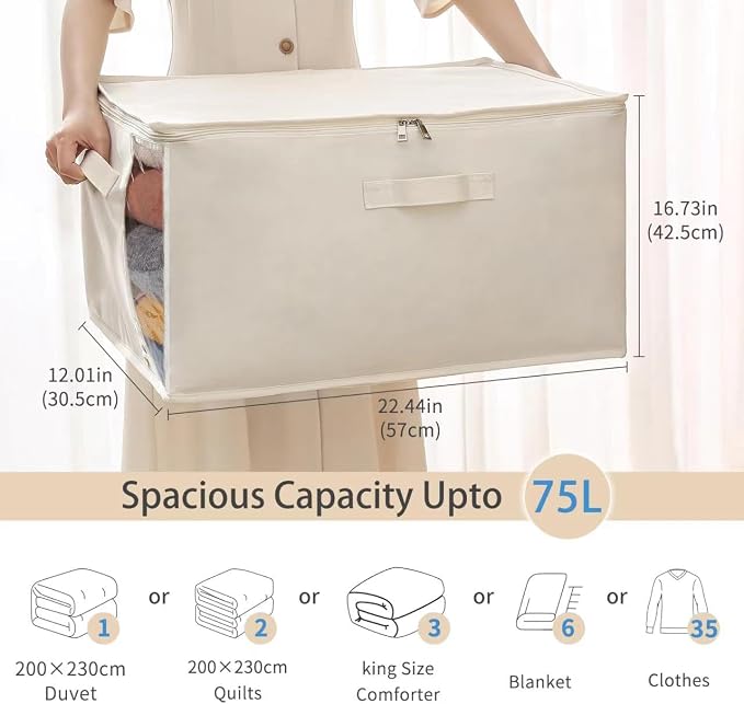 6 Pack Canvas Comforter & Blanket Storage Bags with Clear Window, Beige | Large Capacity, Cotton Linen Fabric, Reinforced Handles, Foldable Design for King Comforters, Clothes and Blankets Storage - Image 2