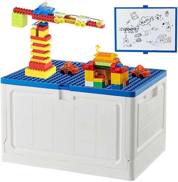 BOSEDSANG Folding Storage Box with Large Building Lid for Duplo Blocks, 28L Collapsible Storage Bin with Back Drawing Board, 29 Qt. Container Storage -1 Pack- Blue by BOSEDSANG