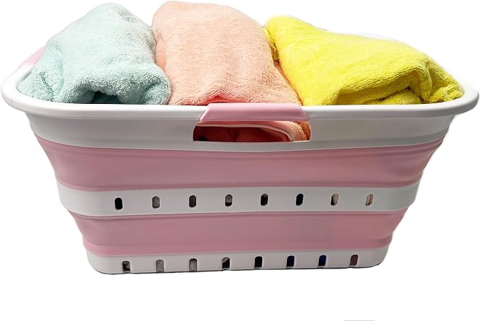 SAMMART 42 (11 Gallons) Collapsible Plastic Laundry Basket, Foldable Pop Up Storage Container/Organizer, Space Saving Hamper, Portable Bin for Dorm Room Bathroom (1, White/Cherry Pink) - Image 7