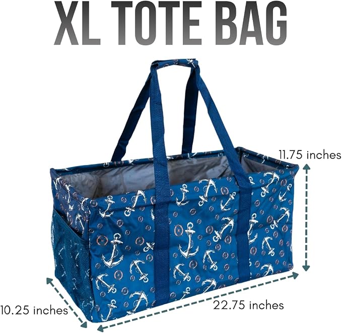 Extra Large Utility Tote Bag - Oversized Collapsible Reusable Wire Frame Rectangular Canvas Basket With Two Exterior Pockets For Beach, Pool, Laundry, Car Trunk, Storage - Anchor - Image 4