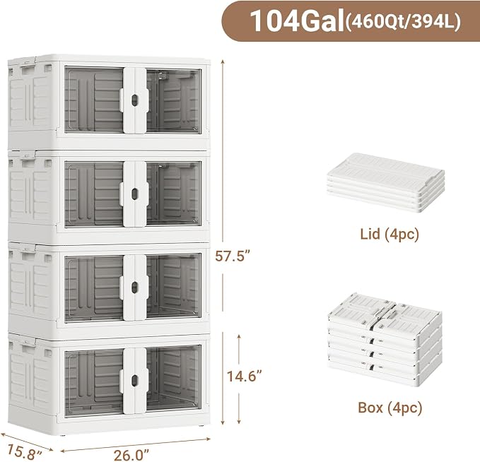 BROVIEW 460Qt Stackable Storage Bins with Individual Lids & Wheels, Large Plastic Collapsible Latching Boxes Closet Organizers and Storage Cabinet Shelves Units for Home Kitchen Dorm, 4-Pack White - Image 2