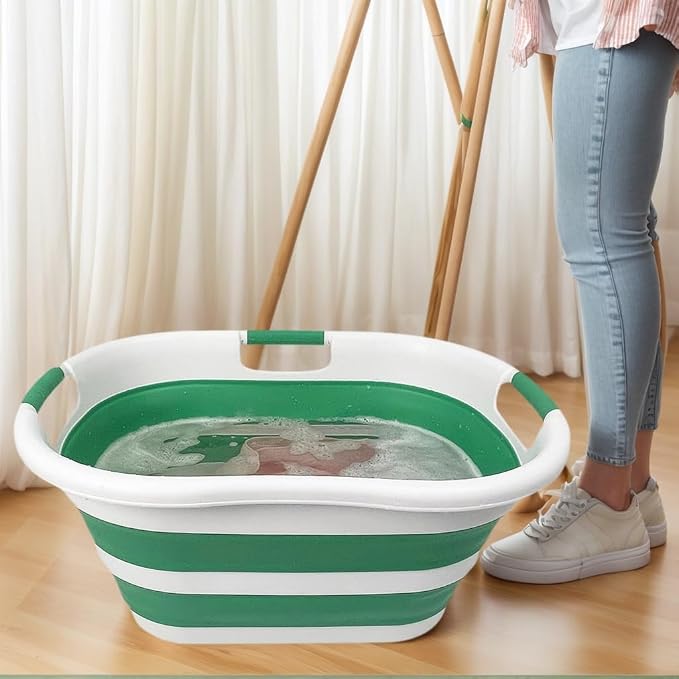 SAMMART 40L (10.5 gallon) Set of 2 Collapsible Plastic Laundry Hamper - Foldable Pop Up Storage Container/Organizer - Portable Washing Tub - Space Saving Basket (2, White/Winter Green) - Image 6