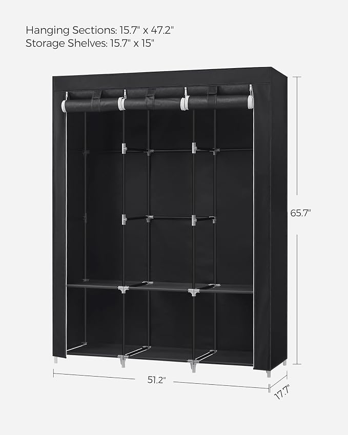 SONGMICS Portable Closet with Cover, 3 Hanging Rods and Shelves | Wardrobe Closet Organizer, 4 Side Pockets, 17.7 x 51.2 x 65.7 Inches, Ink Black, RYLAN Collection URYG092B02 - Image 5
