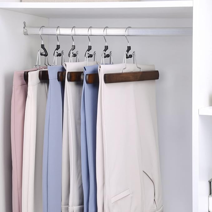 Nature Smile Wooden Pants Hangers Non Slip Smooth Finish Solid Wood Clamp Skirt Hanger Hair Extension Hangers with 360° Swivel Hook (20Pcs, Retro) - Image 2