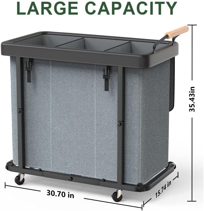 Laundry Hamper 3 Section with Lid,230L Rolling Dirty Clothes Hamper Grey | Laundry Basket with Wheels,Laundry Organizer Storage Cart with Sturdy Metal Frame and Wooden Handle for Laundry Room, Hotel - Image 6