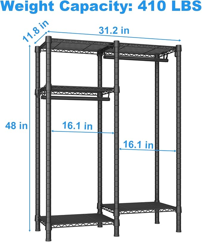 F1 Garment Rack for Kids, Baby, Students, and Children's Room, 4 Tiers Freestanding and Portable Heavy Duty Closets, Small Metal Clothes Rack with 2 Hanging Rod, 31.2" W x 11.8" D x 48" H, Black | Small Clothing Racks with 2 Hanger Rods for Hanging Bab... - Image 3