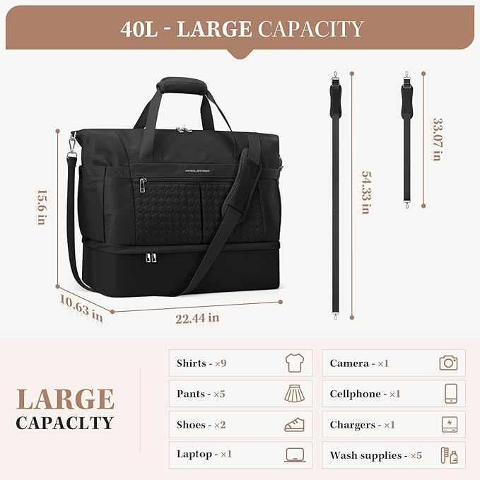 Maelstrom Gym Bag for Women,40L Travel Duffel Bag with Shoes Compartment and Wet Pocket,Waterproof Carry On Weekender Bag,Sport Gym Tote Bags Swimming Yoga, Hospital Holdalls（Black） - Image 2