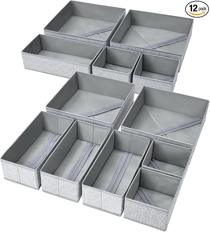 DIMJ Drawer Organizers - 12 Pack Foldable Closet & Sock Organizers, Fabric Dresser Drawer Dividers for Clothes, Underwear, Bras, Socks by DiMJ