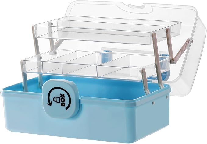 Sooyee Craft Organizers and Storage,Plastic Box with 3-Tier Fold Tray,Art Supply Storage Organizer,Portable Lockable Container for Cosmetic, Toy, Washi Tape, Sewing,Lego,Clear/Blue - Image 2