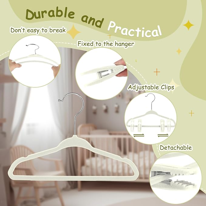 50 Pack Velvet Hangers for Baby & Kids, 11 Inch Non-Slip Infant Clothes Hangers with 100 Multi-use Adjustable Clips, Slim Space Saving Hanger for Nursery Closet, Toddler Skirts Pants Coat, Beige - Image 3