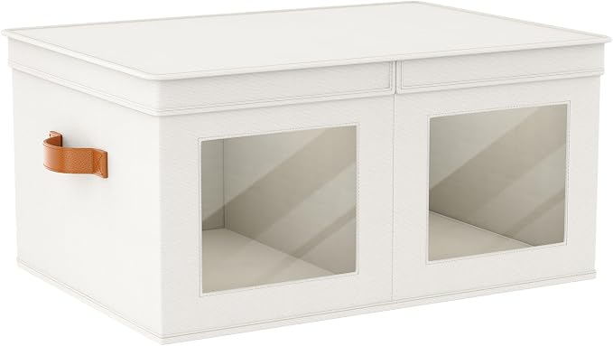 Univivi Large Fabric Storage Bins with Lids for Clothes 1 Pack, Beige | 24 x 17 x 12 In Foldable Storage Boxes with Handles, Clear Window, Closet Organizers for Home, Bedroom by Univivi