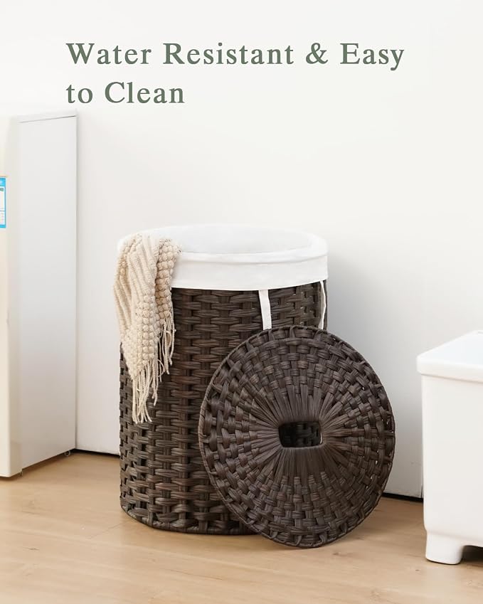 SETVSON Laundry Hamper with Lid 23.8 Gal (90 L) PE Rattan, Brown | Family Clothes & Blanket Trunk with Lid, Removable Liner Bag with Handles, 2 Mesh Wash Bags, Collapsible Steel Frame - Image 3