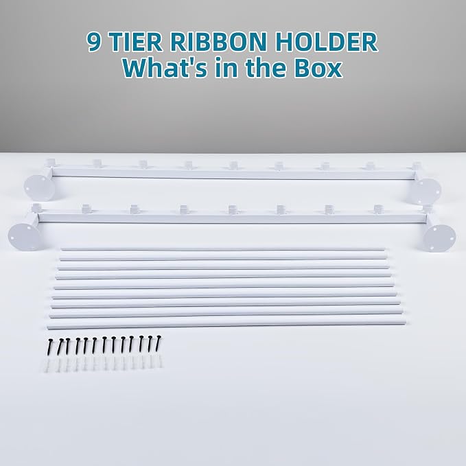 Xbsyhx 9 Tier Wall Mount Ribbon Organizer, Craft Room Storage Rack | Wrapping Paper Storage for Sewing Craft Mesh Thread Tape Wreath Crochet Craft Room Flower Shop(White) - Image 6