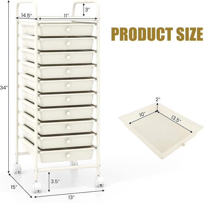 GOFLAME 10-Drawer Rolling Storage Drawer Cart, Utility Cart with Removable Drawers & Metal Frame, Mobile Art Craft Drawer Cart with Lockable Wheels for Home, Office, Studio, School, White - Image 3