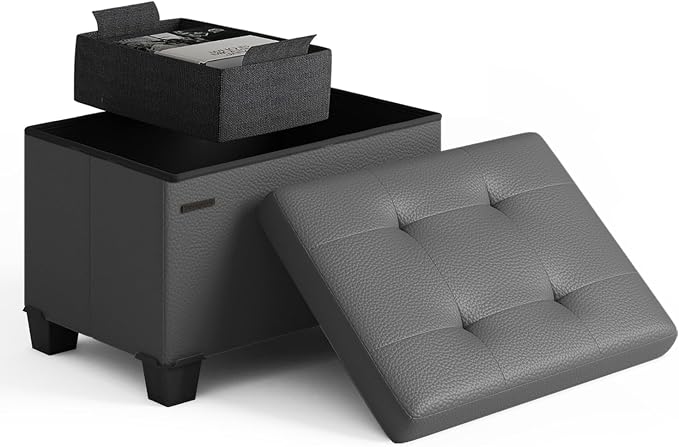 Storage Ottoman Cube with Small Bin, 16-in Square Ottoman with Storage for Living Room and Bedroom, Small Ottomans Foot Rest, Leather Foot Stools Ottomans Max 330lbs, Grey by STORAGEBUD