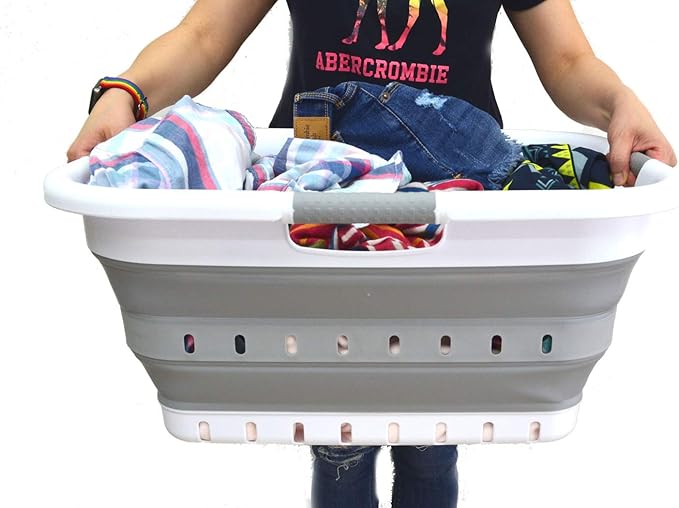 SAMMART 41L (10.8 gallon) Set of 2 Collapsible 3 Handled Plastic Laundry Basket-Foldable Pop Up Storage Container/Organizer-Space Saving Hamper/Basket (2, White/Grey) - Image 6