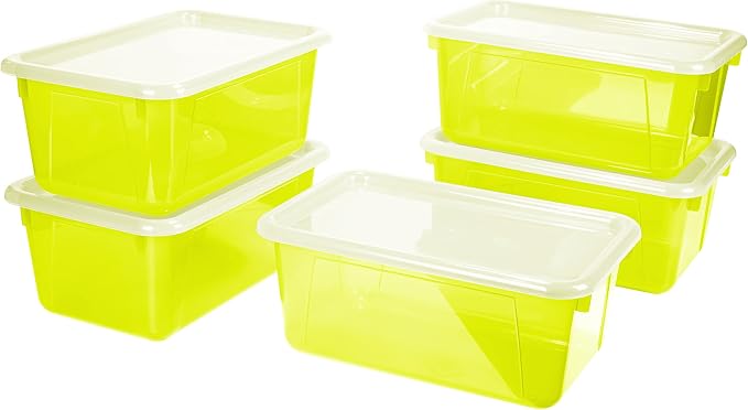Storex Small Cubby Bins – Plastic Storage Containers for Classroom with Non-Snap Lid, 12.2 x 7.8 x 5.1 inches, Tint Yellow, 5-Pack (62482U05C) by Storex