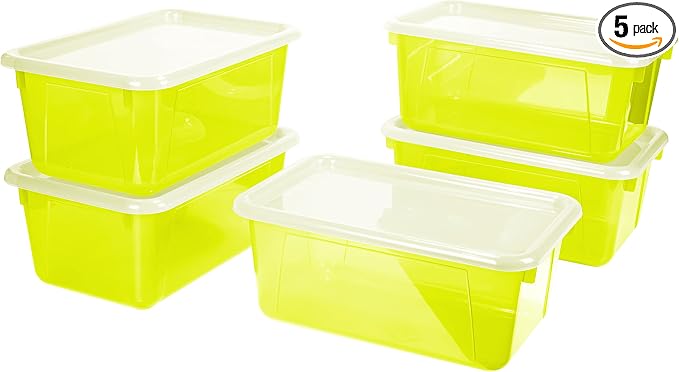 Storex Small Cubby Bins – Plastic Storage Containers for Classroom with Non-Snap Lid, 12.2 x 7.8 x 5.1 inches, Tint Yellow, 5-Pack (62482A05C) by Storex