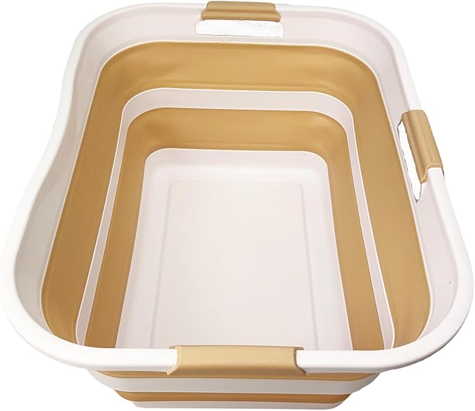 SAMMART 42 (11 Gallons) Collapsible Plastic Laundry Basket, Foldable Pop Up Storage Container/Organizer, Space Saving Hamper, Portable Bin for Dorm Room Bathroom (1, White/Beige) by SAMMART