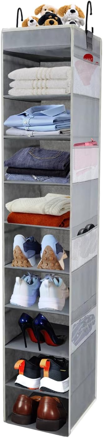 Large-Sized Hanging Shoe Organizer 10-Shelf, Sturdy Hanging Closet Organizer with 8 Side Pockets, Wider Hanging Shelves for Storage Shoes Clothes Jeans Shirts Toys, Grey by ROOMTALK