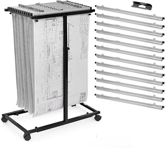 Adir Blueprint Rack and Clamps - 12 Pack of 30 Inch Blueprint Clamps and Mobile Blueprint Rack - Heavy-Duty Large Document Storage Solution for Blueprints, Posters, Maps, & Construction Plans by Adir+Corp.
