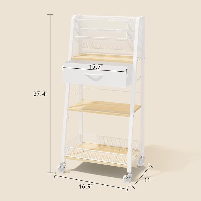 3 Tier Rolling Cart - Metal Utility Cart with Storage Drawer and Wheels, Versatile Art & Craft Organizer for Home, Office, or Studio - Ideal for Storing Brushes, Paints, and Supplies（Maple） - Image 2